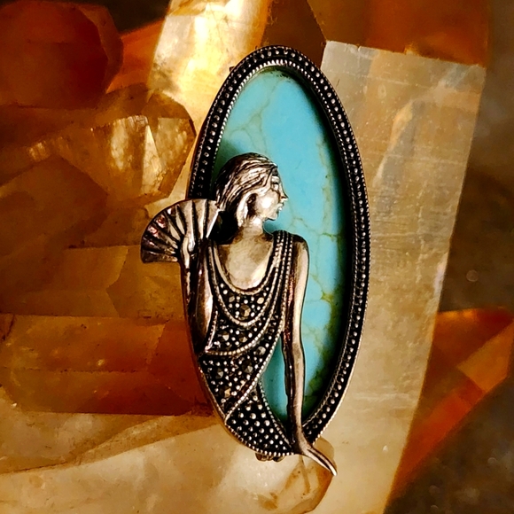 Sterling Jewelry - Sterling silver Art Nouveau lady style brooch scarf pin marcasite turquoise